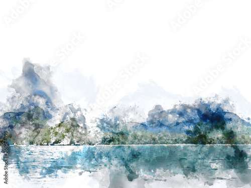 Abstract colorful beautiful Mountain hill in Thailand on watercolor illustration painting background.
