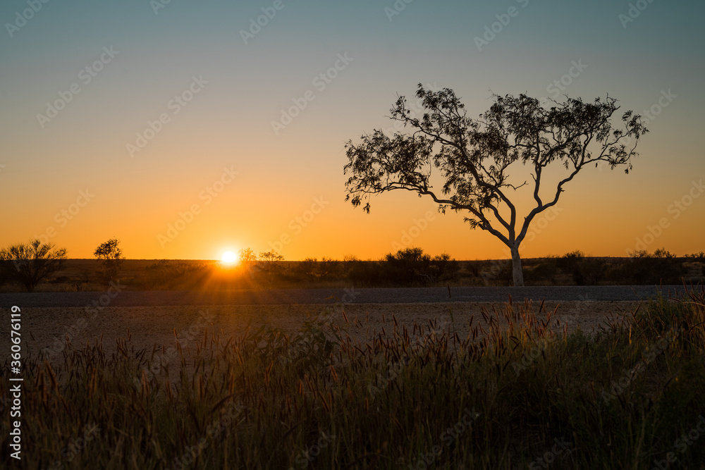 Beautiful Sunrise in the Australian Outback. Road trip landscapes in Australia