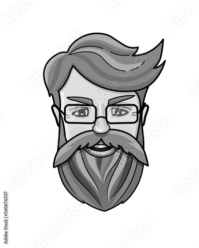 Black and white vector illustration of man's face. Hipster icon. Handsome bearded metro sexual man with eyeglasses.