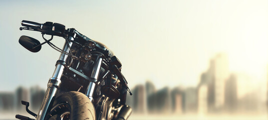 Tableau sur plexiglas Moto Moto custom face aux gratte-ciel urbains  © Oleksandr
