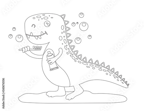 Silhouette of a cute baby dinosaur who brushes his teeth. Linear drawing of a dinosaur. Vector isolated illustration