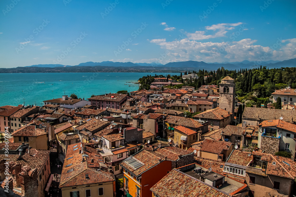 Aerial view from the tower of Scaliger castle with lake Garda in background (Lombardy region, Italy)