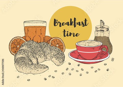 Continental breakfast with croissant, coffee with milk, sugar dispenser, fresh orange juice and coffee beans. Vintage hand drawing with engraving style. French breakfast.
