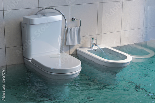 Принти на полотні Broken toilet and bidet overflowing.