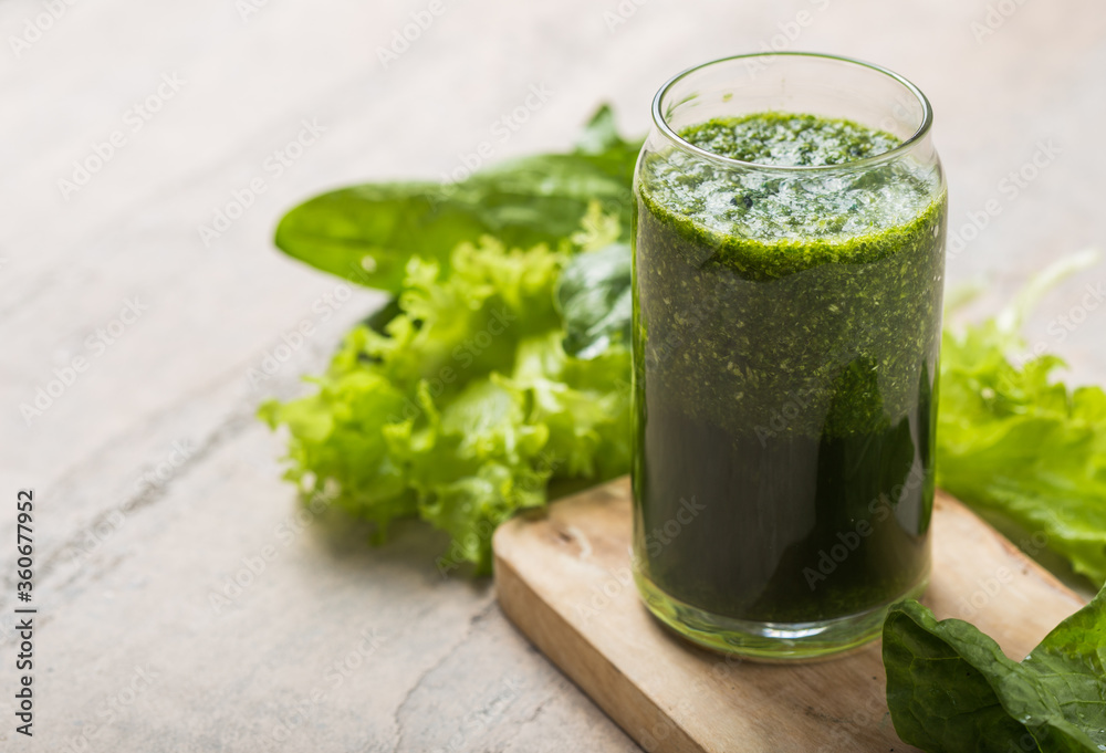 Green smoothie with spirulina. Young barley and chlorella spirulina. Detox superfood.