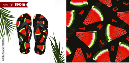 Seamless beautiful watermelon pattern on a black background. Bright and tasty fruits with letters for flip flop design. Summer Food ornament on mock up of flip flop