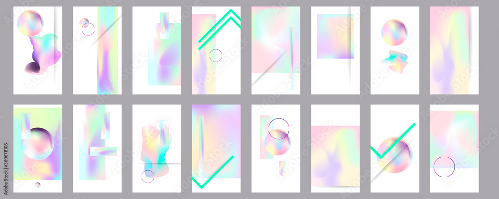 Gradient mesh cover set of backgrounds texture foil pearl shades. Abstract stylish gradient with holographic foil. 90s, 80s retro style