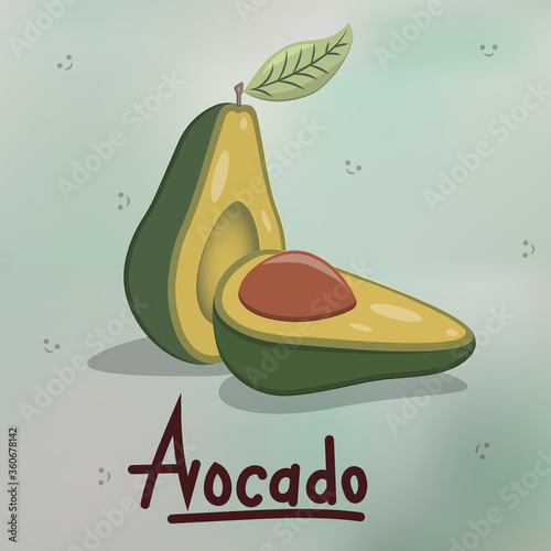 vector illustration juicy realistic avocado fruit cut in half with a brown bone, leaf and shadow, the inscription avocado on a watercolor gradient background