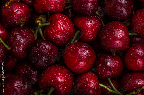 Fototapeta Naklejka Na Ścianę i Meble -  Full Frame Shot Of Wet red Cherries.
