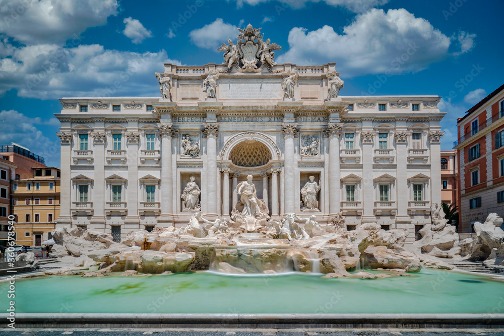 Front view of Trevi Fountain (Fontana di Trevi) in Rome, Italy, with no people.  Architecture and landmark of Rome.