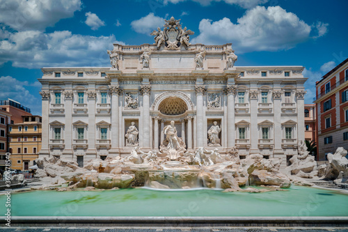 Front view of Trevi Fountain (Fontana di Trevi) in Rome, Italy, with no people. Architecture and landmark of Rome.