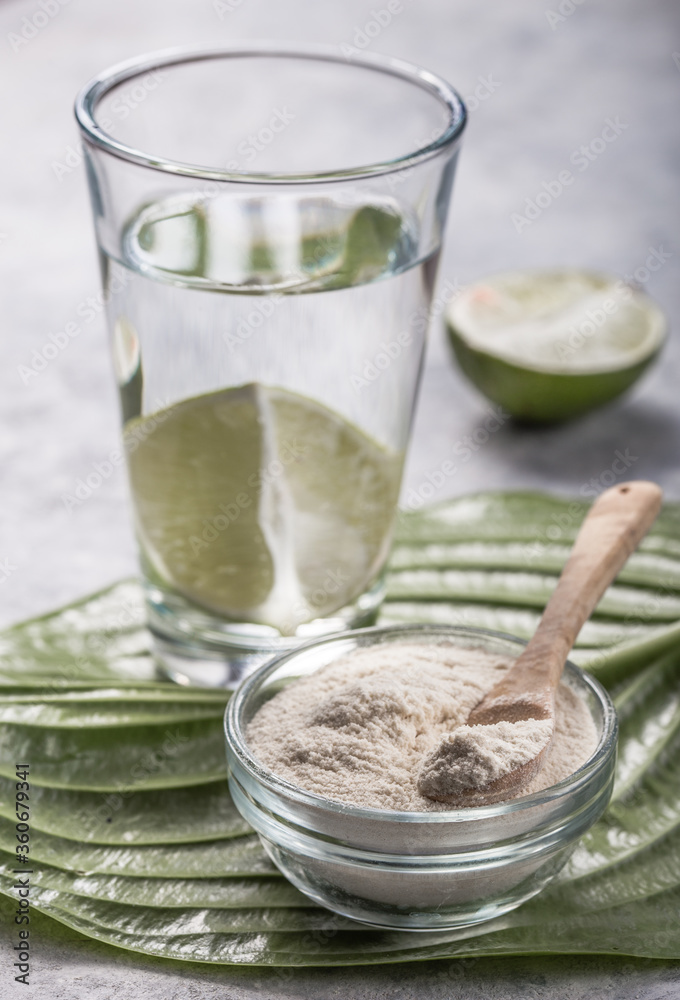 Collagen Powder and glass of water with slice of Lime; Vitamin C . Collagen supplements may improve skin health by reducing wrinkles and dryness. Collagen Powder and glass of water with slice of Lime; Vitamin C . Collagen supplements may improve skin health by reducing wrinkles and dryness.