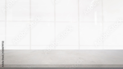 blur white ceramic square pattern background of modern interior bathroom with gray color cement table perspective for show ,promote and advertise content or  product on display © chinnarach
