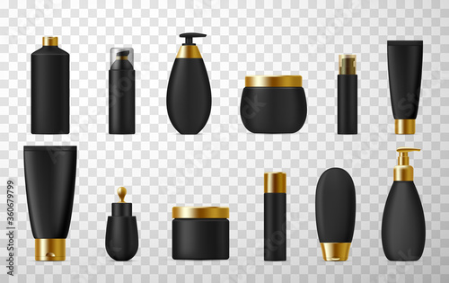 Cosmetic, perfumes packaging black luxury design realistic set. Bottles, tubes, flacons mockups.