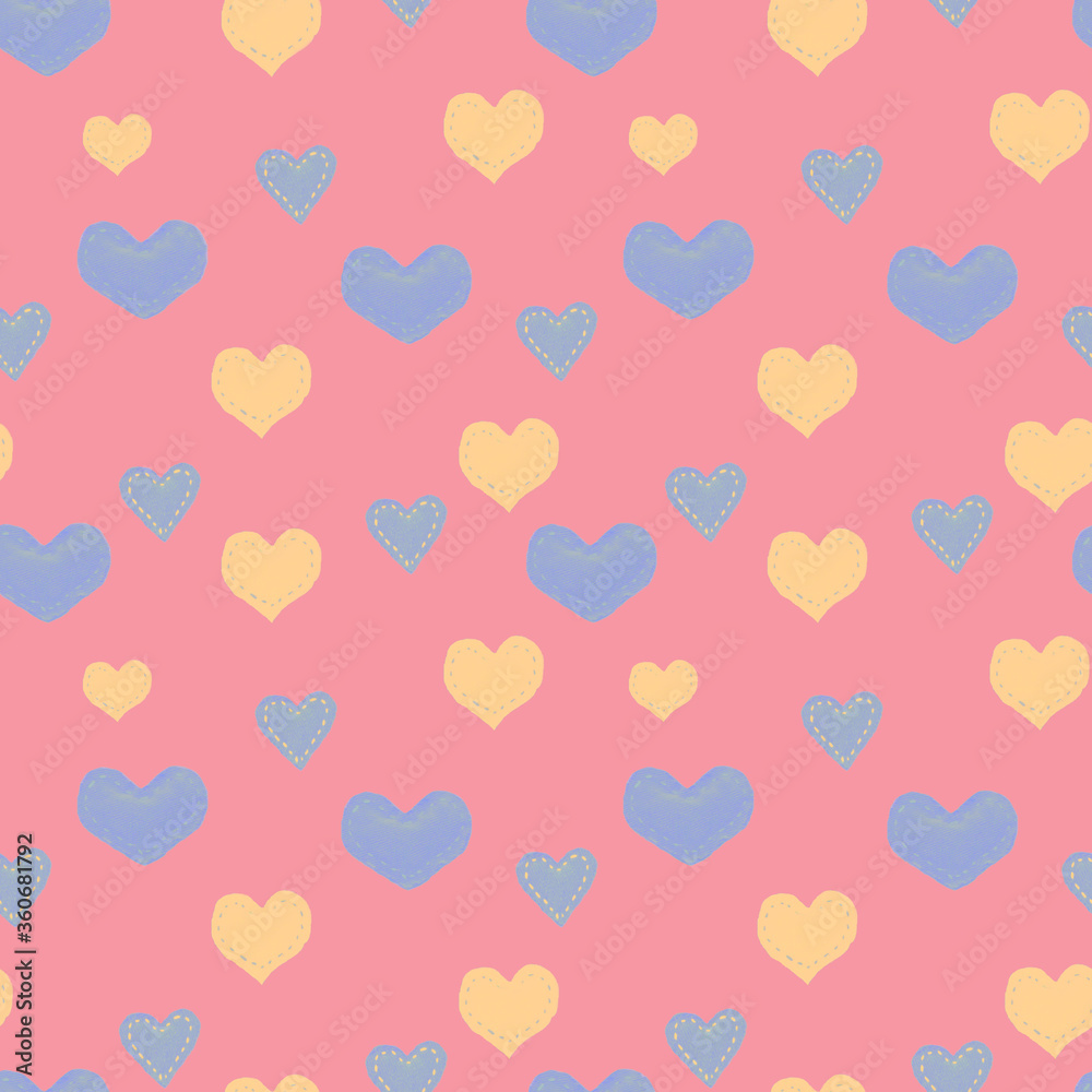 Seamless pattern with roses and denim hearts. Valentines day or mothers day background