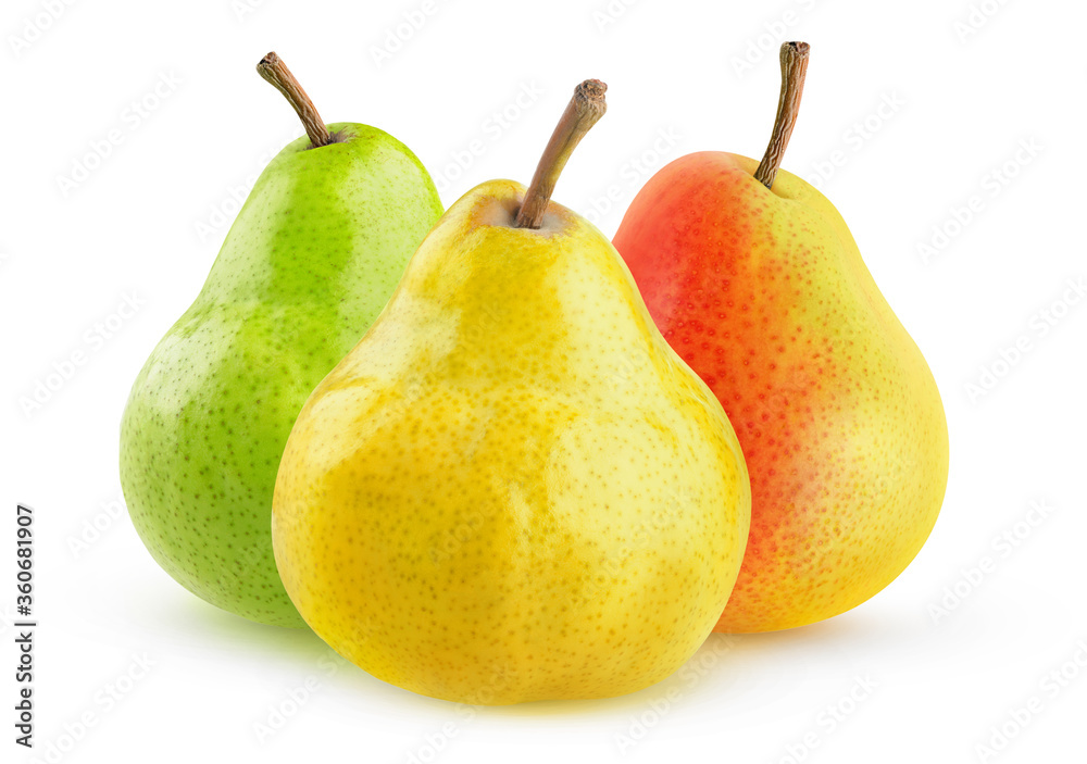 Three isolated pears. Yellow, green and yellow red pear fruits isolated on white background Three isolated pears. Yellow, green and yellow red pear fruits isolated on white background
