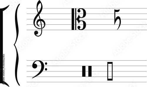 Musical keys on the sheet music station. Bracket and accolade. Vector.