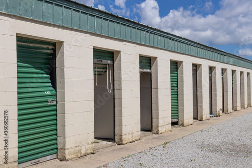 Deserted and abandoned self storage and mini storage garage units.