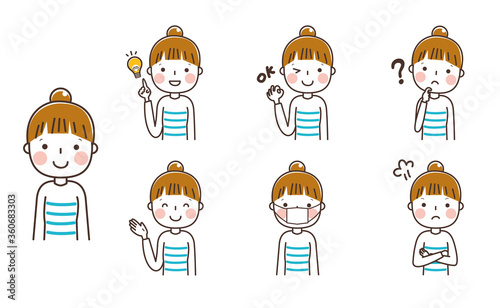 お団子の女性上半身　表情ポーズセット　イラスト