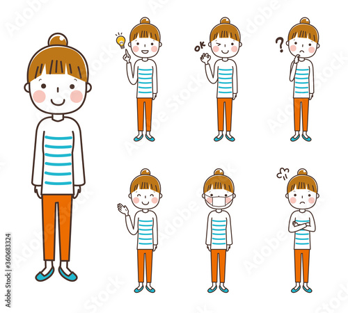 お団子の女性全身　表情ポーズセット　イラスト