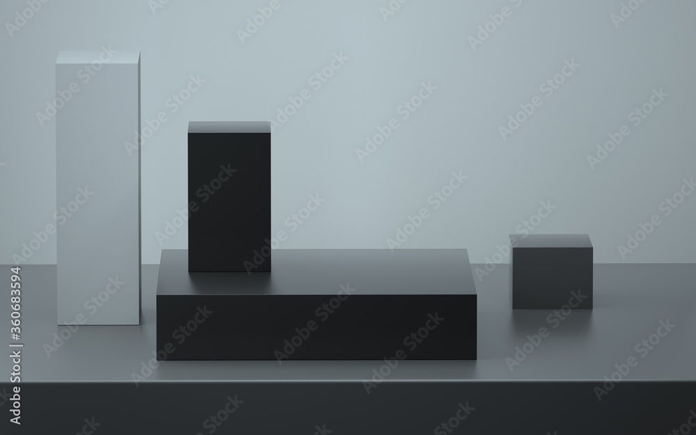 Abstract still life black and gray boxes on a gray background 3D image Abstract still life black and gray boxes on a gray background 3D image