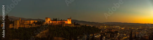 Evening wide angle view of the Alhambra and a slice of the city of Granada
