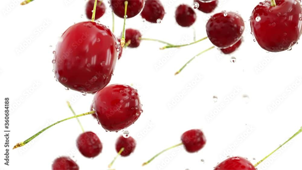 Fresh cherrys. 3d food concept. Realistic animation. Isolate on white