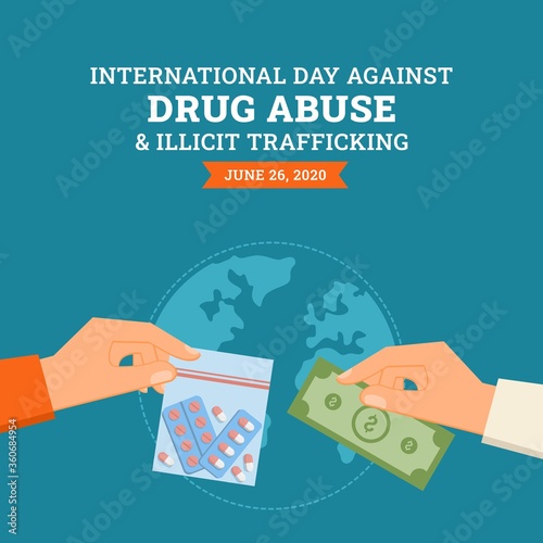 Stop drug abuse and illicit trafficking campaign background. Flat style vector illustration of hand gesture refusing illegal drugs trading. Suitable for banner and poster design.