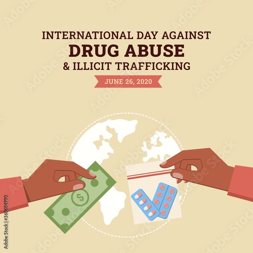 Stop drug abuse and illicit trafficking campaign background. Flat style vector illustration of hand gesture refusing illegal drugs trading. Suitable for banner and poster design.