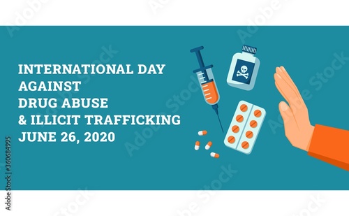 Stop drug abuse and illicit trafficking campaign background. Flat style vector illustration of hand gesture refusing illegal drugs trading. Suitable for banner and poster design.