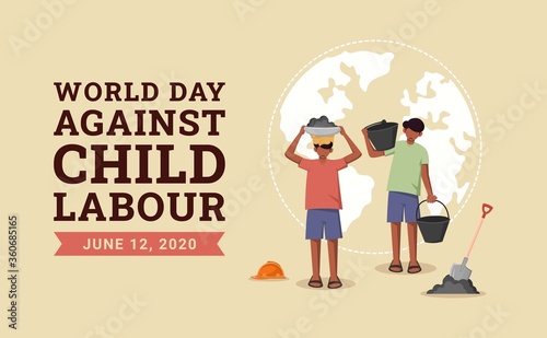 World day against child labour background with children as a worker. Flat style vector illustration concept of stop child exploitation campaign for poster and banner.