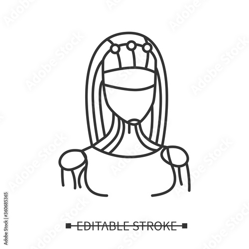 Smart personal assistant icon. Female robot character with digital data connections. Concept pictogram for ai assistance device. Editable stroke vector line illustration for web, ui and logo 