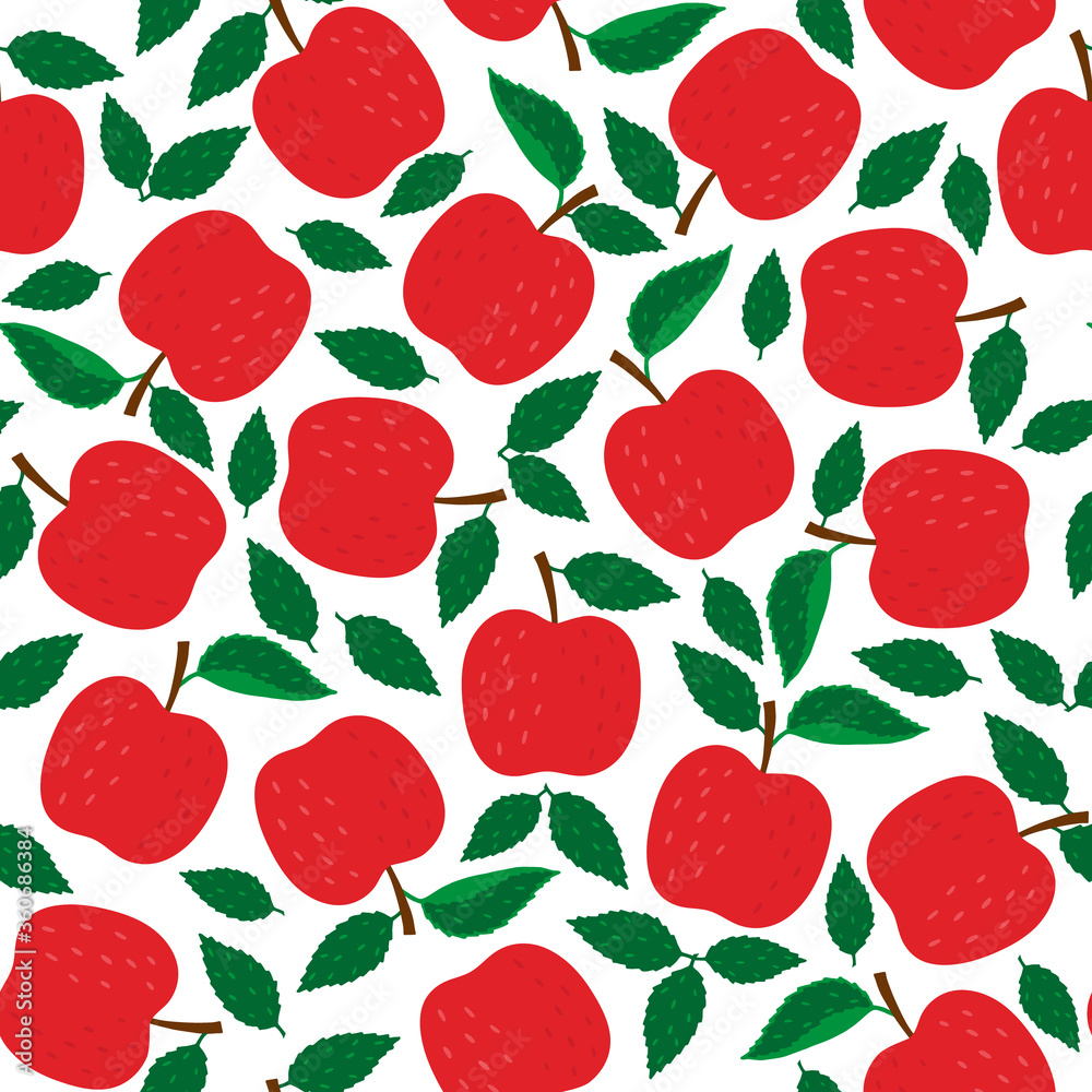 Seamless pattern with red ripe apples and leaves on a white background. Vector illustration in Doodle style. Seamless pattern with red ripe apples and leaves on a white background. Vector illustration in Doodle style.