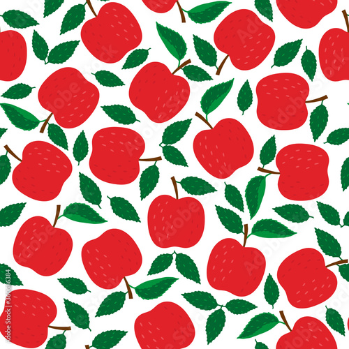 Seamless pattern with red ripe apples and leaves on a white background. Vector illustration in Doodle style.