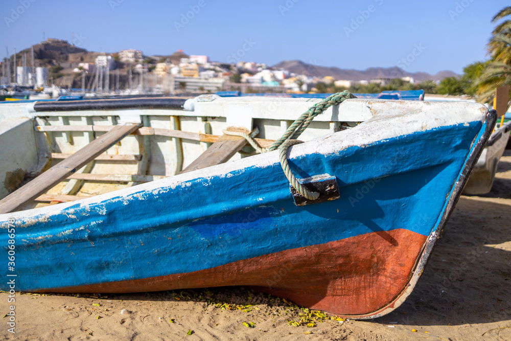 Fisherboat on the beach of the city Mindelo, Island of Sao Vicente, Cape Verde