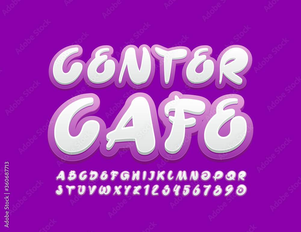 Vector bright sign Central Cafe with Violet and White creative Font. Artistic Alphabet Letters and Numbers