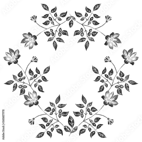 Ink floral ornament. Black-white monochrome romantic hand drawn elements for designing goods, covers or banners for social media posts.