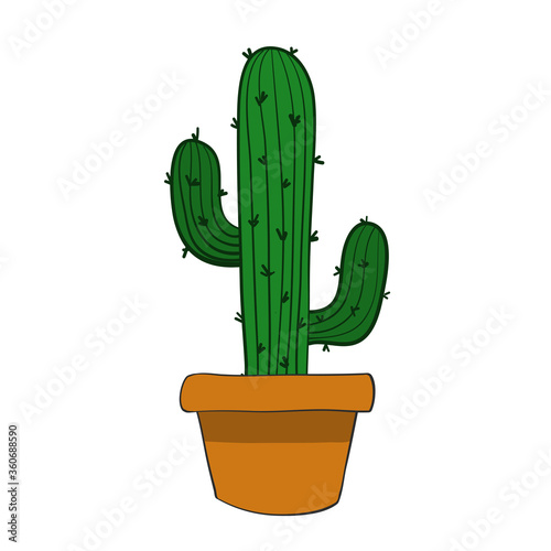 Green cartoon cactus in pot on white background for your design, stock vector illustration