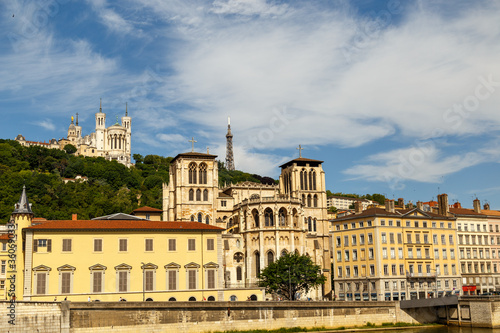 Lyon, France - CIRCA 2019: Picturesque historical Lyon Old Town buildings on the bank of Saone River. Lyon, Region Auvergne-Rhone-Alpes, France.