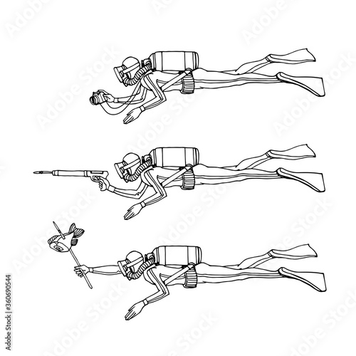 scuba diver in a diving suit, mask, oxygen tank & flippers, with harpoon gun, photo camera, fish bait, vector illustration with black contour lines isolated on a white background in a hand drawn style