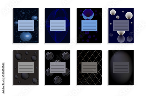 A set of cover templates for notebooks and workbooks. Abstract 3d drawing on a dark background. Geometric pattern.