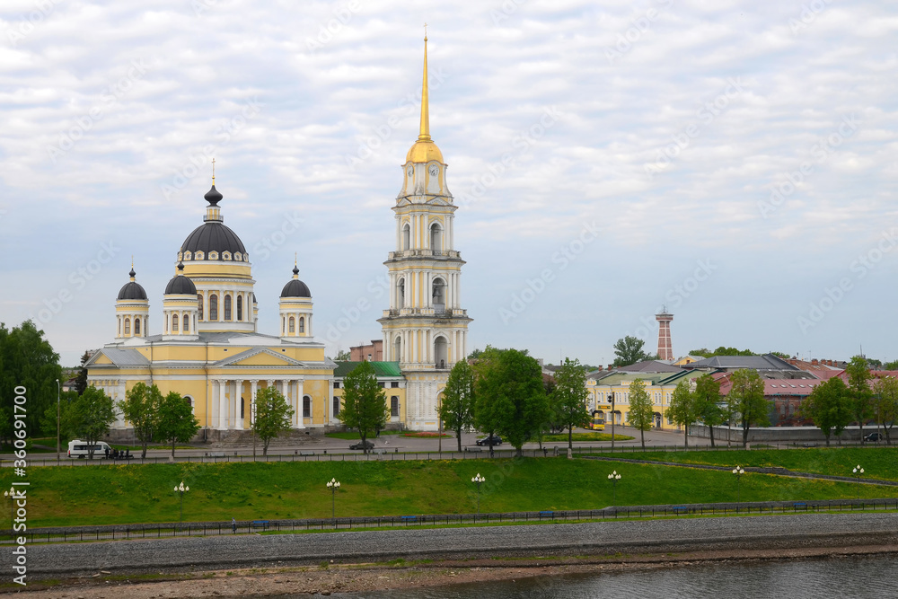 Cityscape and view of Transfiguration cathedral (Preobrazhensky cathedral, 19th century). Rybinsk, Yaroslavl Oblast, Russia.