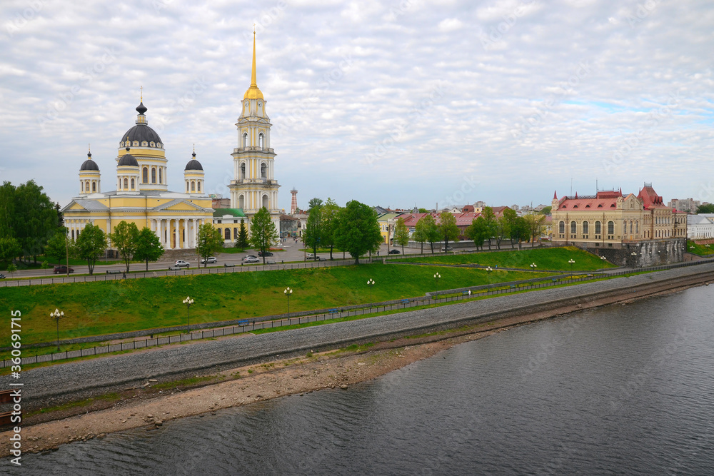 Cityscape of Rybinsk and view of Transfiguration cathedral (Preobrazhensky cathedral, 19th century). Yaroslavl Oblast, Russia.