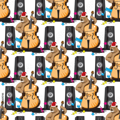Seamless pattern of a bear playing a double bass in a hood music from speakers on a white isolated background. Vector image