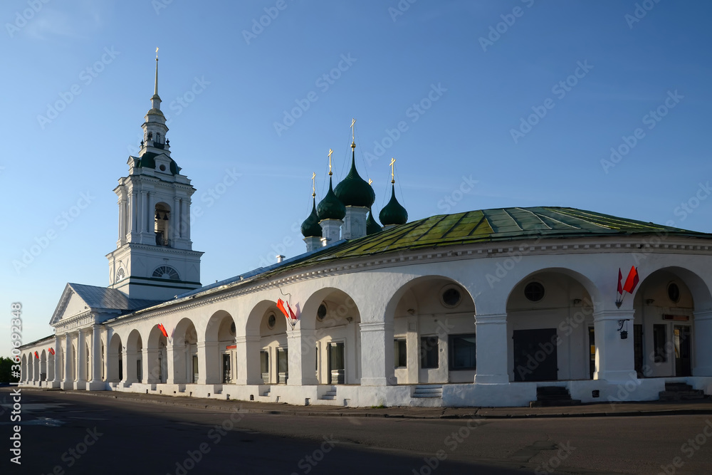 Gostiny Dvor (Krasnye ryady) and Saviour Church (Spasskaya church) is the best preserved complex of provincial trading arcades  in the country. Kostroma town, Kostroma Oblast, Russia.