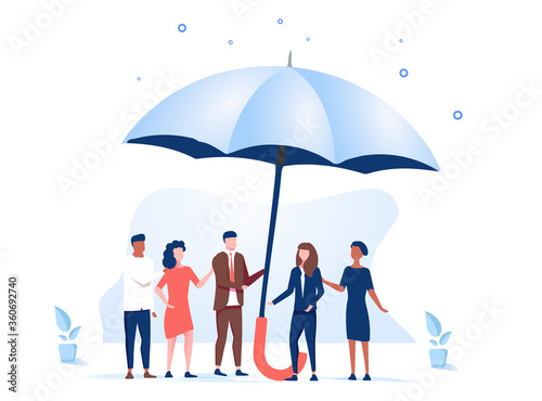 Vector illustration, support each other concept, people stand under umbrella under protection. People holding umbrella © Mykyta