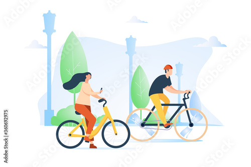 Man and Woman Characters Riding Bicycle in the City Background. Active People Enjoying Bike Ride in the Park. Lifestyle