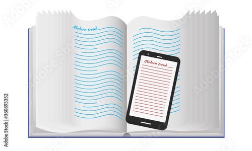 Open book and smartphone. Comparison of traditional and modern. Isolated vector.