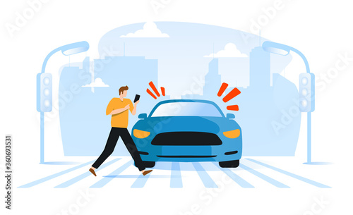 Pedestrian road accident. Man on crossroad look at phone. Green traffic light for cars. Violation vector illustration.