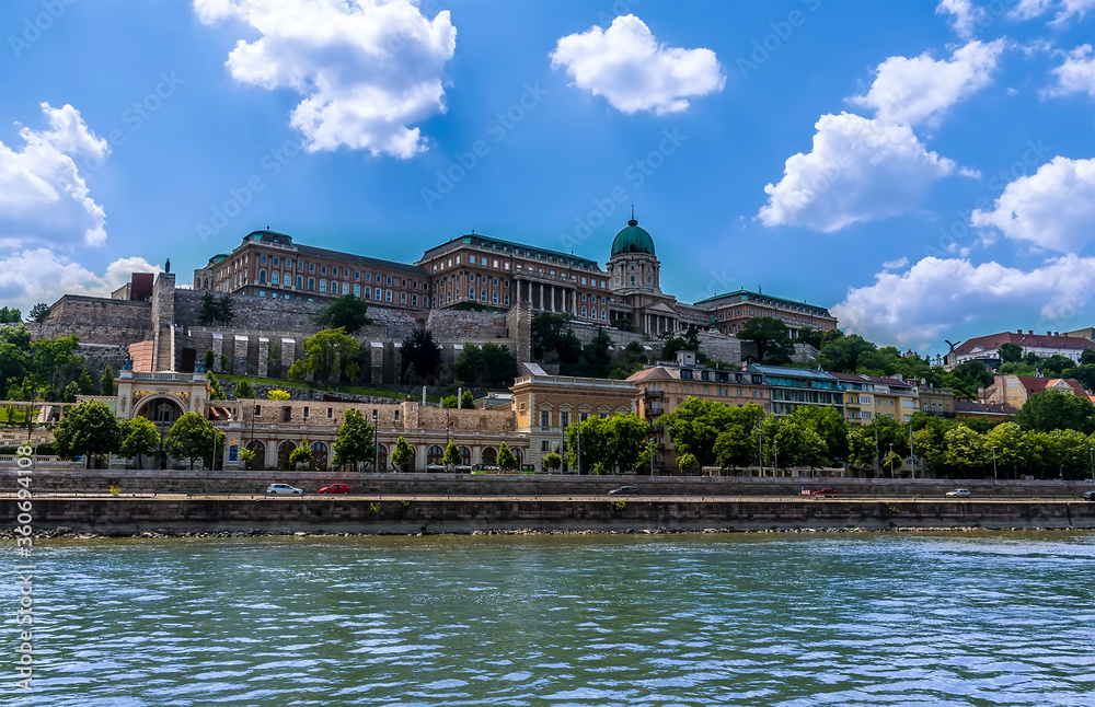 A close up view of the Royal Palace on the west bank of the River Danube in Budapest during summertime